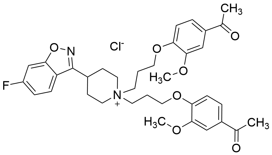 1,1-Bis(3-(4-acetyl-2-methoxyphenoxy)propyl)-4-(6- fluorobenzo[d]isoxazol-3- yl)piperidinium Chloride