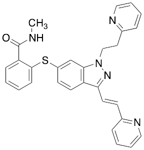 (E)-N-methyl-2-((1-(2-(pyridin-2-yl)ethyl)-3-(2-(pyridin-2-yl)vinyl)-1H-indazol-6-yl)thio)benzamide