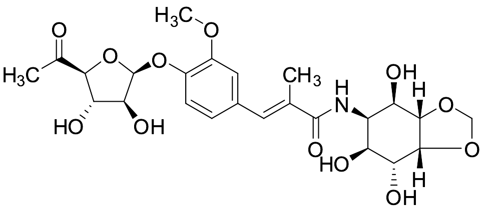 (E)-3-(4-(((2S,3S,4S,5S)-5-Acetyl-3,4-dihydroxytetrahydrofuran-2-yl)oxy)-3-methoxyphenyl)-2-methyl-N-((3aS,4R,5R,6S,7R,7aR)-4,6,7-trihydroxyhexahydrobenzo[d][1,3]dioxol-5-yl)acrylamide