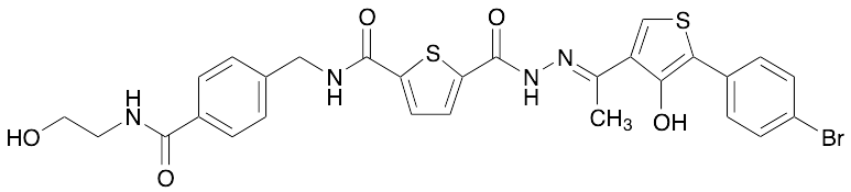 (2E)-2-[1-[5-(4-Bromophenyl)-4-hydroxy-3-thienyl]ethylidene]hydrazide-5-[[[[4-[[(2-hydroxyethyl)amino]carbonyl]phenyl]methyl]amino]carbonyl]-2-thiophenecarboxylic Acid