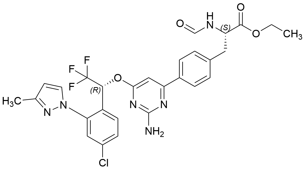 Ethyl (S)-3-(4-(2-Amino-6-((R)-1-(4-chloro-2-(3-methyl-1H-pyrazol-1-yl)phenyl)-2,2,2-trifluoroethoxy)pyrimidin-4-yl)phenyl)-2-formamidopropanoate