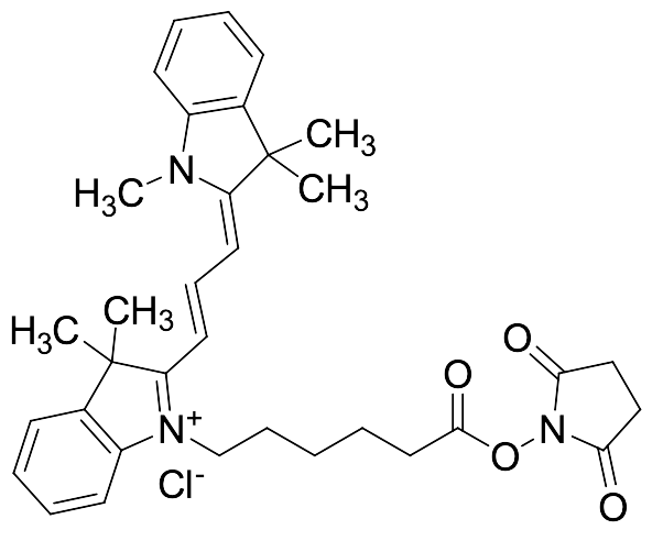 1-(6-((2,5-Dioxopyrrolidin-1-yl)oxy)-6-oxohexyl)-3,3-dimethyl-2-((E)-3-((Z)-1,3,3-trimethylindolin-2-ylidene)prop-1-en-1-yl)-3H-indol-1-ium Chloride