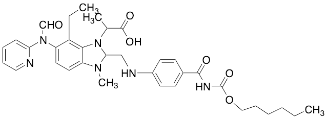 2-(7-Ethyl-2-(((4-(((hexyloxy)carbonyl)carbamoyl)phenyl)amino)methyl)-3-methyl-6-(N-(pyridin-2-yl)formamido)-2,3-dihydro-1H-benzo[d]imidazol-1-yl)propanoic Acid